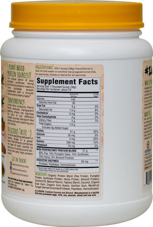 PlentiPlants vegan protein coconut almond 2lb container supplement facts