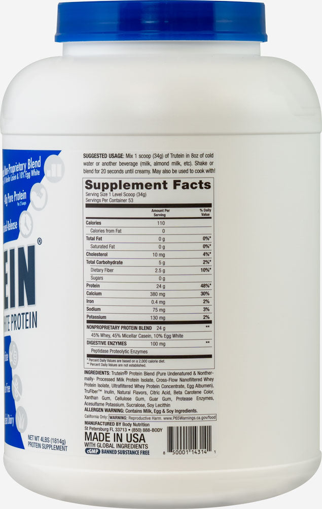 Trutein Protein: 45% Whey, 45% Casein & 10% Egg White