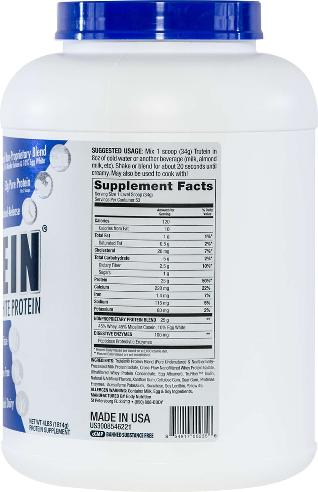 Trutein Protein: 45% Whey, 45% Casein & 10% Egg White - Banana Cream - 4lb (53 Servings)