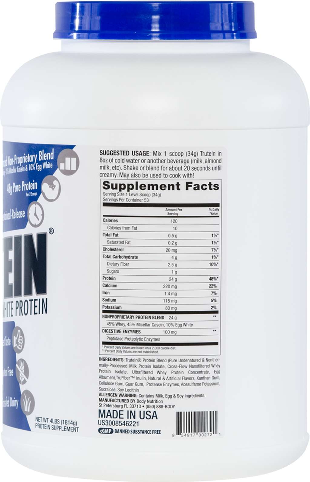 Trutein Protein: 45% Whey, 45% Casein & 10% Egg White - Birthday Cake - 4lb (53 Servings)