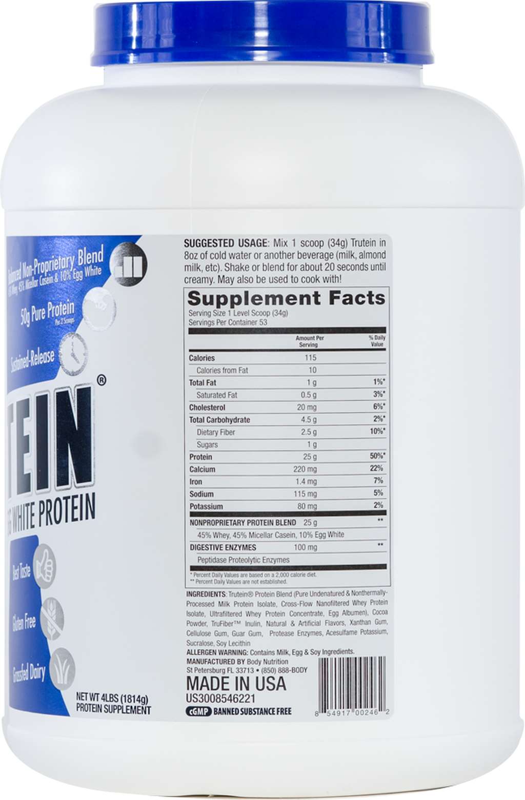 Trutein Protein: 45% Whey, 45% Casein & 10% Egg White - Chocolate Mint - 4lb (53 Servings)