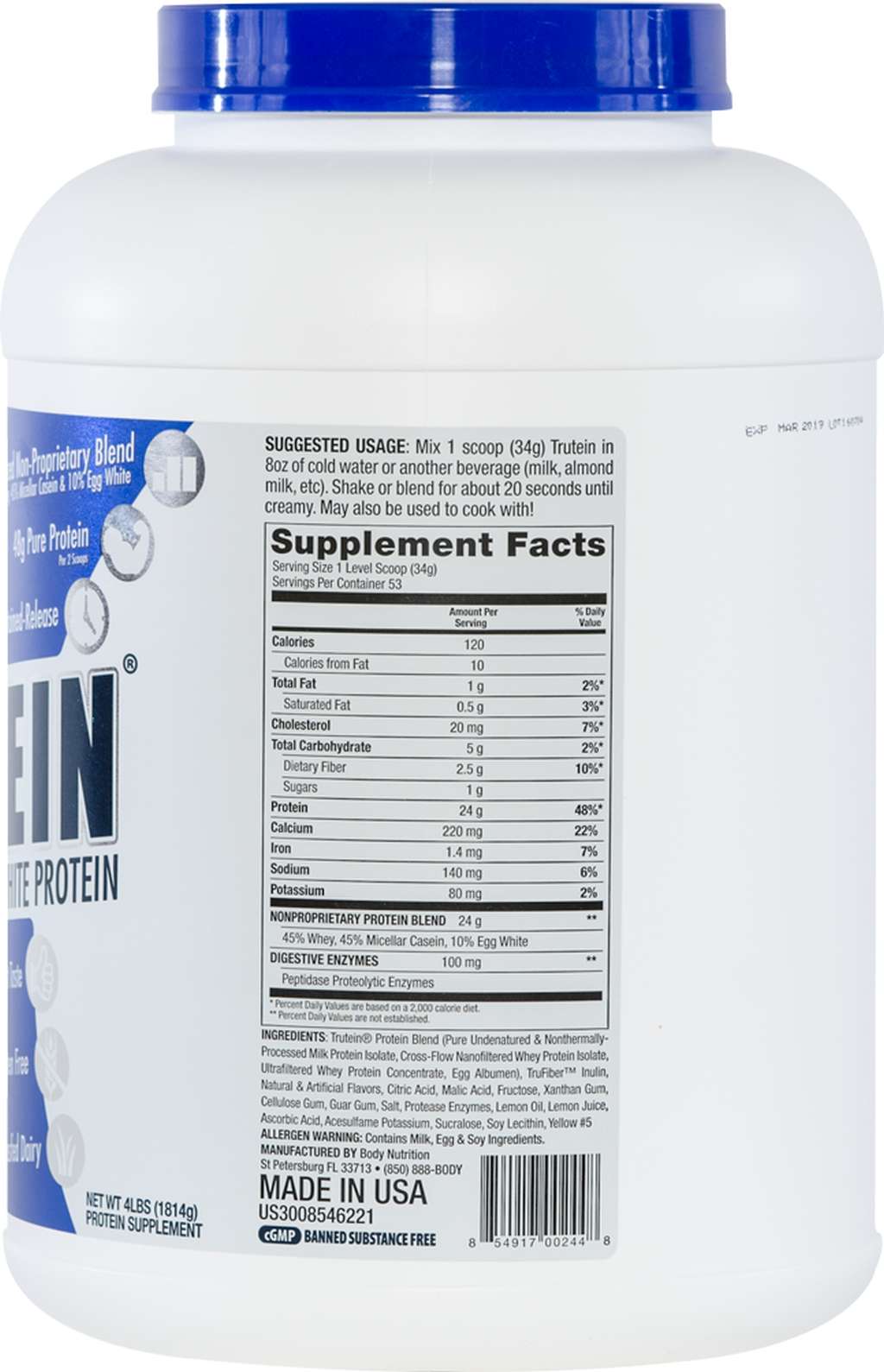 Trutein Protein: 45% Whey, 45% Casein & 10% Egg White - Lemon Meringue Pie - 4lb (53 Servings)