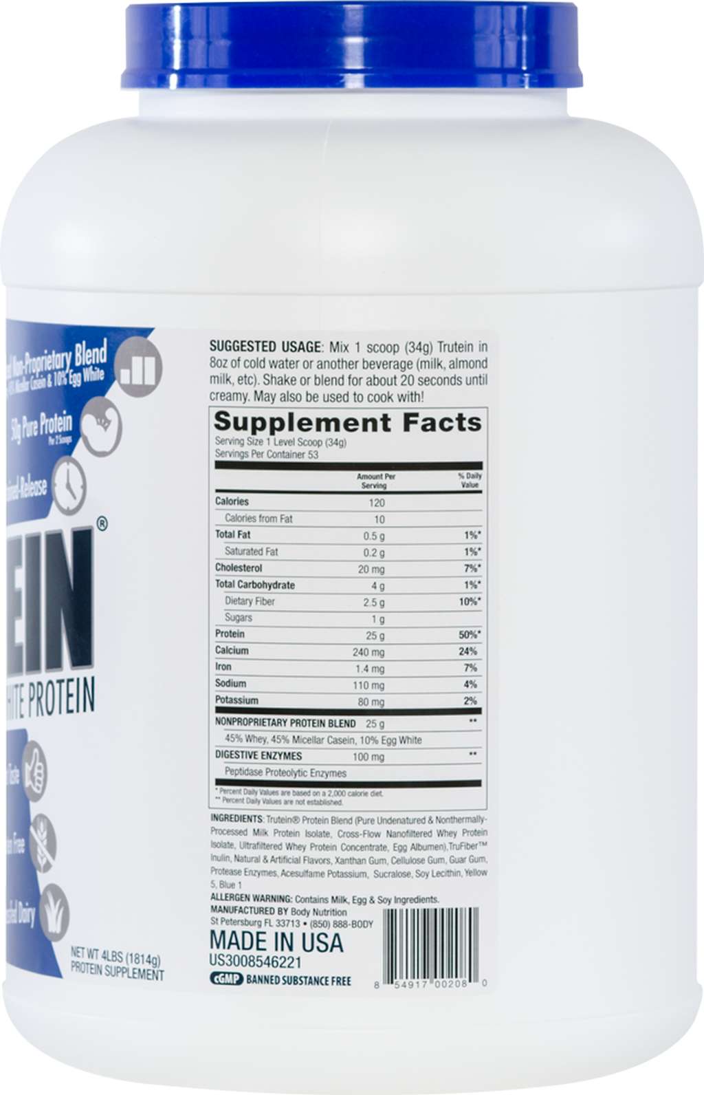 Trutein Protein: 45% Whey, 45% Casein & 10% Egg White - Shamrock Shake - 4lb (53 Servings)