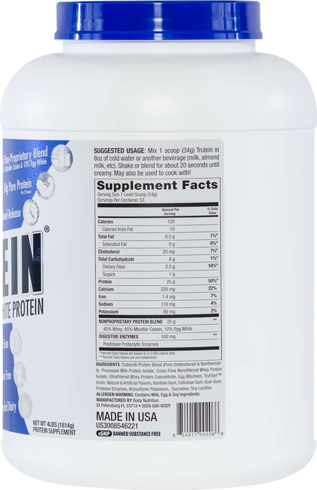 Trutein Protein: 45% Whey, 45% Casein & 10% Egg White - Vanilla Bean - 4lb (53 Servings)